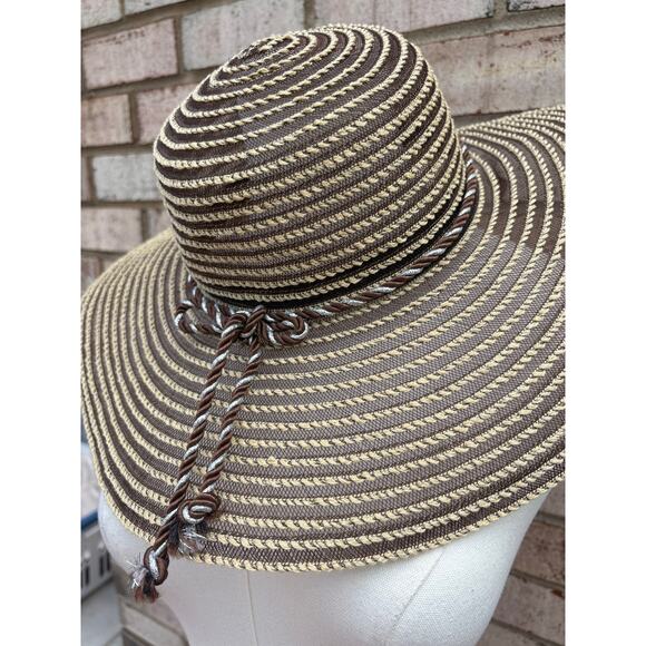 Brown Stripe Floppy Beach Hat Metallic Braided Trim Sun Hat Vacation Beach Pool